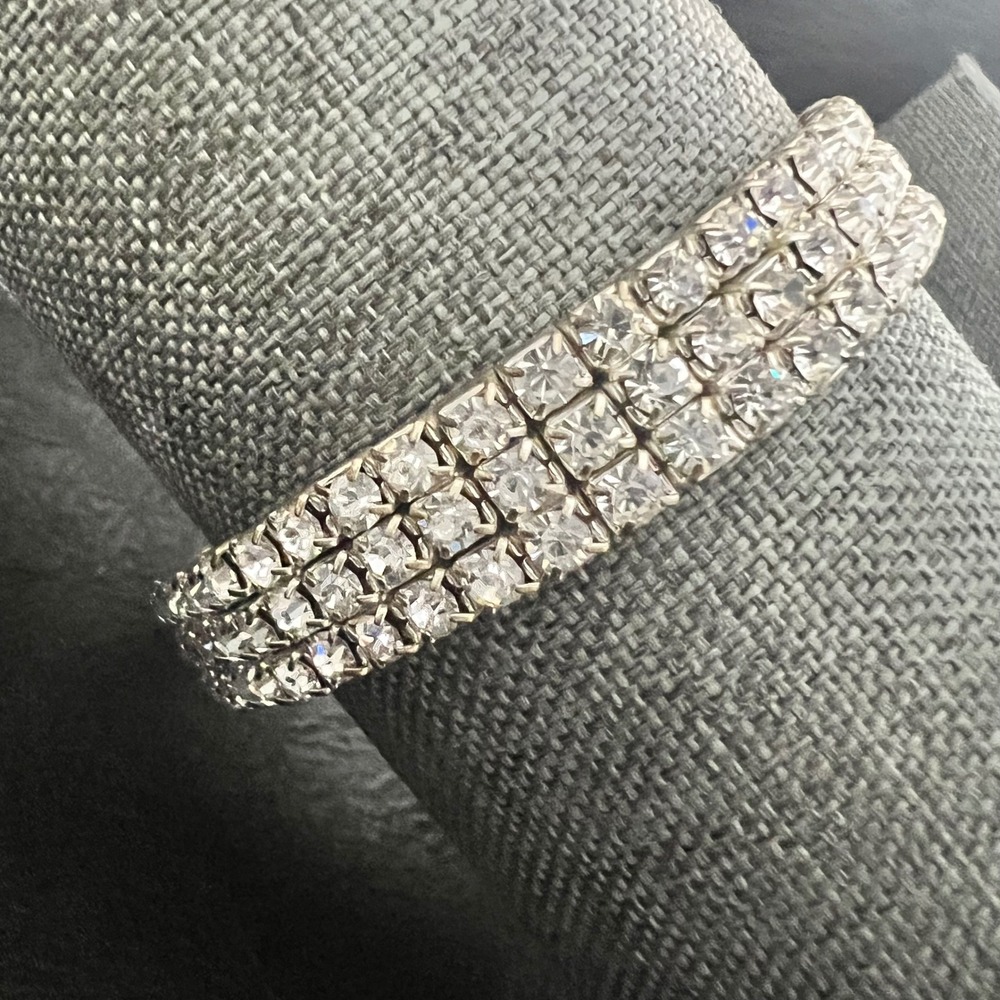 Vintage 3 Row Rhinestone Stretch Tennis Bracelet Silver Tone Size 7 Glam 50s